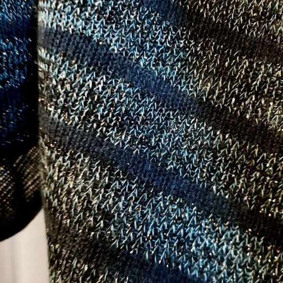 New Metallic Sheer Crochet Draped top L Blue Gold Green stripe Zippered waistban - Picture 9 of 10